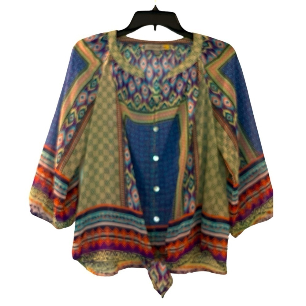 Figueroa +Flowers boho top , multicolored geometrics, full sleeves, buttons